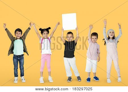 Little Kids Together Show Blank Paper Copy Space Studio Portrait Isolated