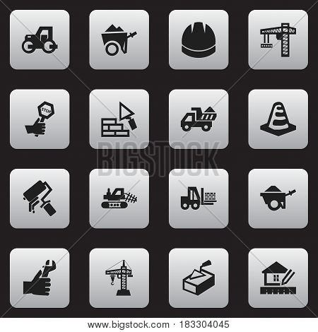 Set Of 16 Editable Building Icons. Includes Symbols Such As Caterpillar, Truck, Home Scheduling And More. Can Be Used For Web, Mobile, UI And Infographic Design.