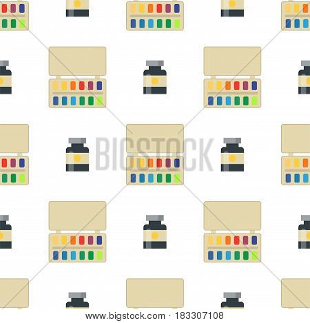 Painting art tools palette seamless patternt flat vector illustration details stationery creative paint equipment. Canvas digital drawing symbol artist instrument for creativity decoration.