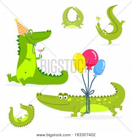Cartoon green crocodile funny predator and australian wildlife river reptile carnivore alligator scales teeth flat vector illustration. Tropical africa safari zoo character crocodylus.