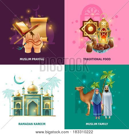 Ramadan holy month islamic family traditions 4 colorful background icons square with symbols prayer food isolated vector illustration
