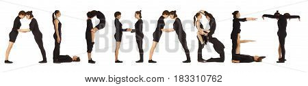 Black dressed people forming word ALPHABET on white background