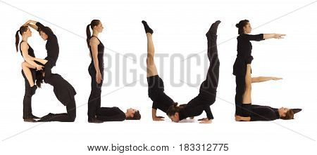 Black Dressed People Forming Word Blue