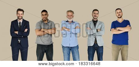 Diversity Adult Men Set Gesture Standing Together Studio Isolated