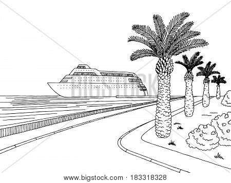 Seafront pier graphic cruise ship black white landscape sketch illustration vector