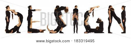 Black dressed people forming word DESIGN on white background