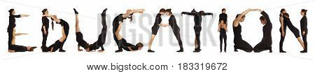 Black dressed people forming word EDUCATION on white background