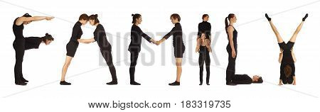 Black dressed people forming word FAMILY on white background