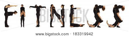 Black dressed people forming word FITNESS on white background