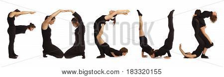 Black dressed people forming word FOCUS on white background