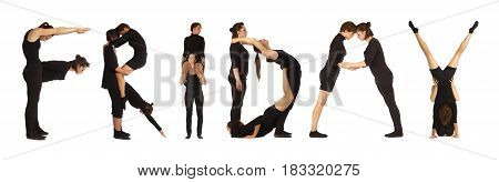 Black dressed people forming word FRIDAY on white background