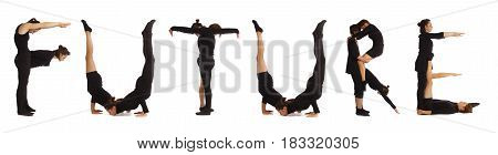 Black dressed people forming word FUTURE on white background