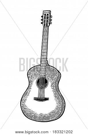Acoustic guitar. Vintage vector black engraving illustration for poster, web. Isolated on white background.