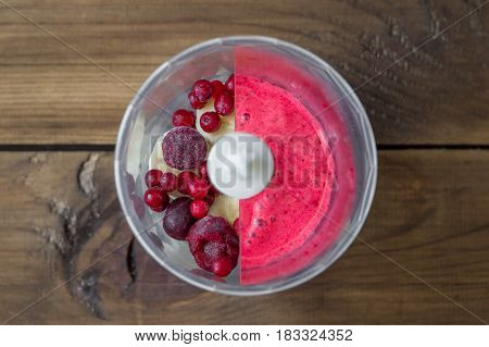 vegetables ready for red smoothie and ready smothie. before and after concept. top view