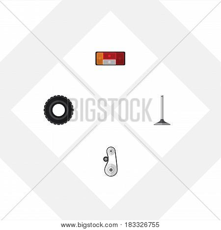 Flat Auto Set Of Wheel, Car Segment, Cambelt And Other Vector Objects. Also Includes Valve, Car, Cambelt Elements.