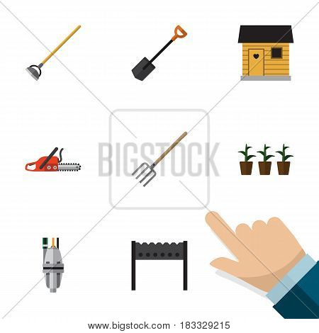 Flat Dacha Set Of Barbecue, Flowerpot, Stabling And Other Vector Objects. Also Includes Botany, Spade, Shovel Elements.