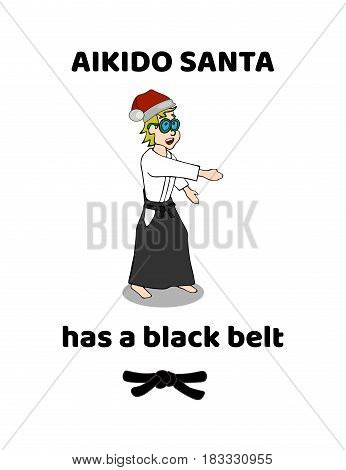 Aikido man in santa hat. Happy new year martial art card or banner