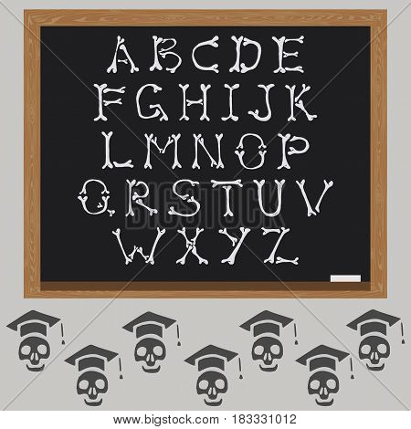 Bones Alphabet vector. Student skeleton and blackboard.