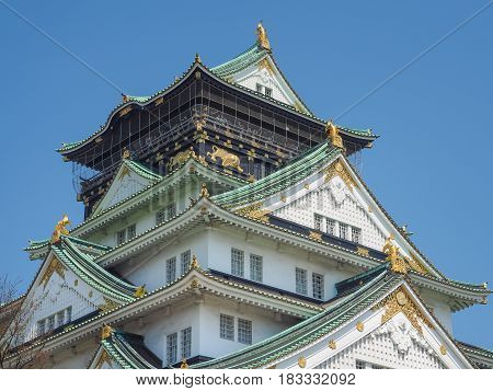 OSAKA JAPAN - APRIL 3, 2017 : The front view of Osaka Castle. This castle is very famous historic tourist attraction of Osaka Japan.