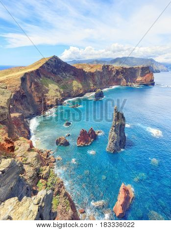 trekking to Sao Lourenco. Amazing cliff beach panorama, Madeira island, Portugal