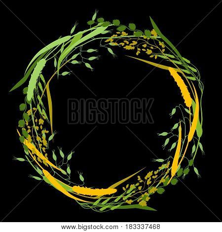 Wreath with herbs and cereal grass silhouettes. Floral design of meadow plants.