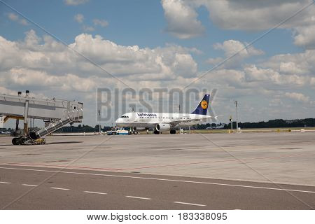 Boryspil Ukraine - July 5 2014. Lufthansa Airbus A319 preparing for the next flight