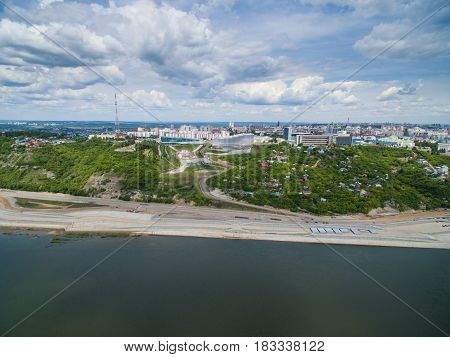 Panoramic aerial view at road, forest, river