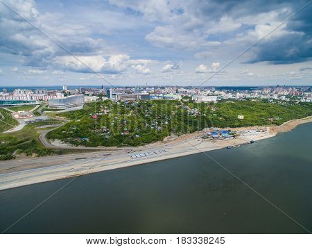 Panoramic aerial view at road, forest, river