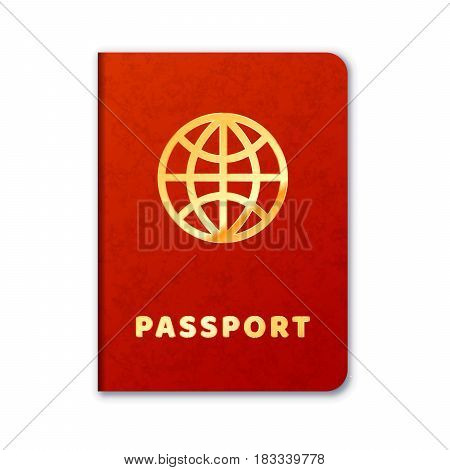 Realistic foreign passport icon with red cover and golden letters isolated on white