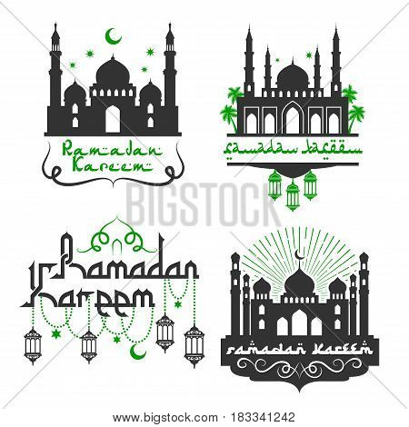 Ramadan Kareem greetings for Muslim religious holiday celebration. Vector icons set with mosque minarets, lantern lights ornament, crescent moon and star in sky with Arabic calligraphy