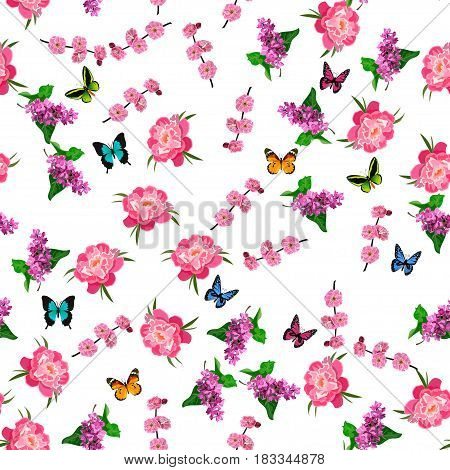 Very high quality original trendy vector seamless pattern with blooming lilac and peony flower. Spring or summer design