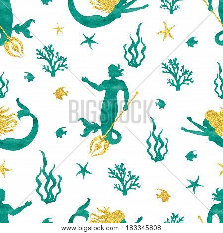 Merman and mermaid pattern. Vector seamless underwater background.