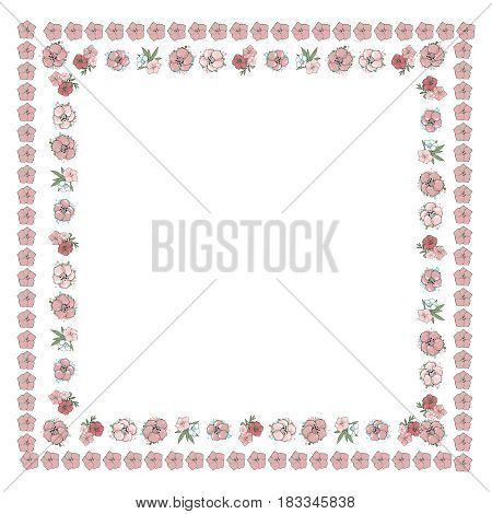 Floral frame with gentle pink flowers. Nature square hand drawn border on white background. Vector decoration