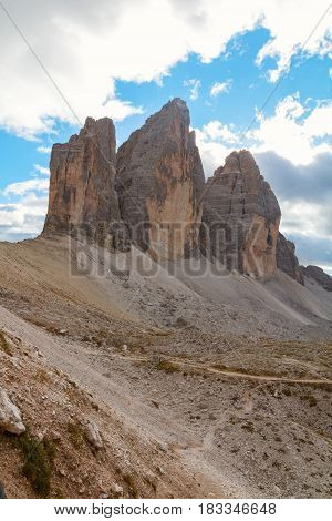Tre Cime di Lavaredo in beautiful surroundings in the Dolomites in Italy Europe (Drei Zinnen)