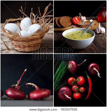 Natural Local Food Products On A Wooden Table. Rural Vacation Or Agritourism Concept.