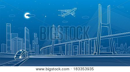 Large cable-stayed bridge, train move, night modern city on background, airplane fly, towers and skyskrapers, vector design art