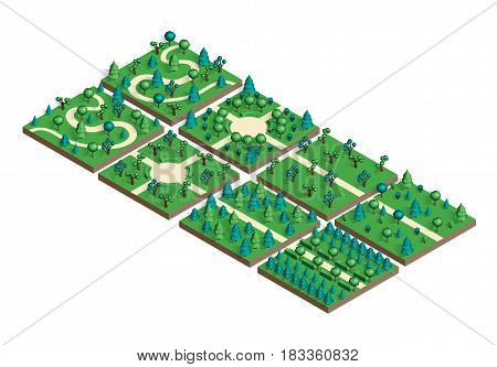 Isometric view projection summer landscape. Nature appearance of park with trees. Set for design your own location. Stock vector.