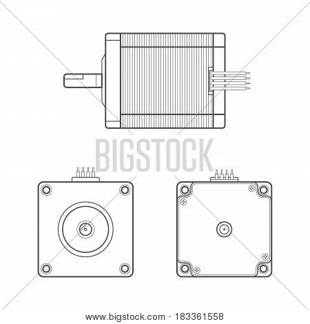  black outline monochrome stepper electric motor different angles illustration isolated white background