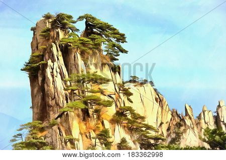Colorful painting of lonely cliff, Mount Huangshan, China