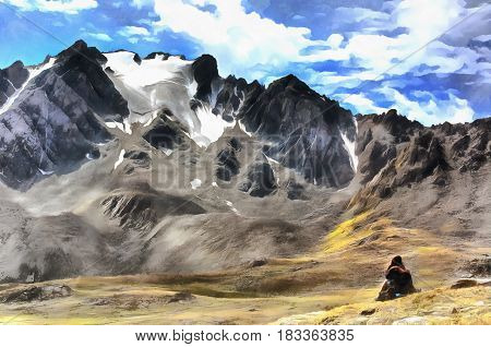 Beautiful mountain valley landscape colorful painting with man sitting on foreground