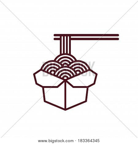 Chinese noodles in takeout box with chopsticks. Asian fast food illustration. Simple modern vector line icon.