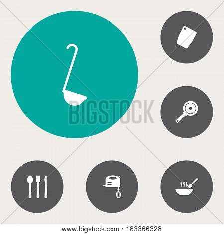 Set Of 6 Culinary Icons Set.Collection Of Scoop, Non-Stick, Silverware And Other Elements.