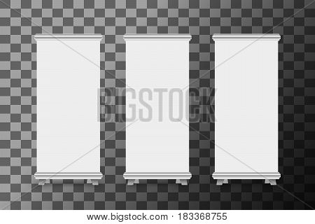 Blank roll up banner stand template. Roll-up banner display isolated on transparent background. Vector illustration.