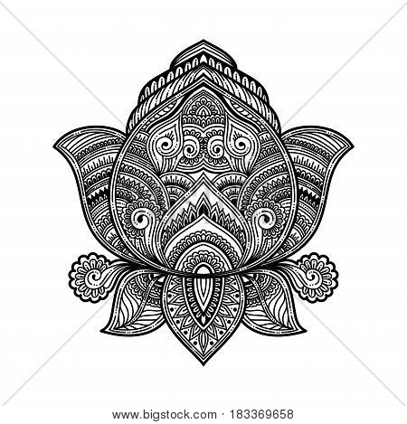 stylized black Vector ornamental Lotus oriental zen tangle design, ethnic henna tattoo sketch in doodles onament. illustration for coloring book for adult