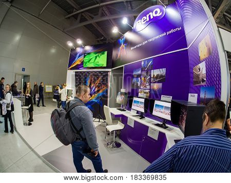 MOSCOW RUSSIA - APRIL 21 2017: Booth of BenQ company at PhotoForum 2017 trade show and exhibition in Moscow Russia on April 21 2017.