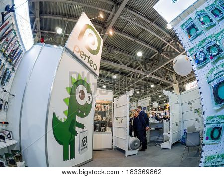 MOSCOW RUSSIA - APRIL 21 2017: Booth of Perfeo company at PhotoForum 2017 trade show and exhibition in Moscow Russia on April 21 2017.