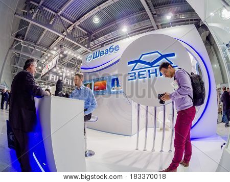 MOSCOW, RUSSIA - APRIL 21, 2017: Booth of Shvabe company at PhotoForum 2017 trade show and exhibition in Moscow, Russia on April 21, 2017.