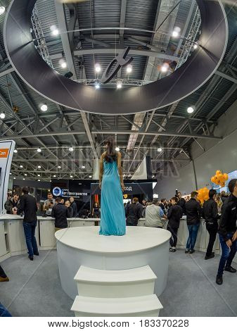 MOSCOW RUSSIA - APRIL 21 2017: Booth of Sony company at PhotoForum 2017 trade show and exhibition in Moscow Russia on April 21 2017.