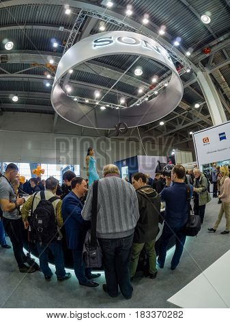 MOSCOW RUSSIA - APRIL 21 2017: Booth of Sony company at PhotoForum 2017 trade show and exhibition in Moscow Russia on April 21 2017.