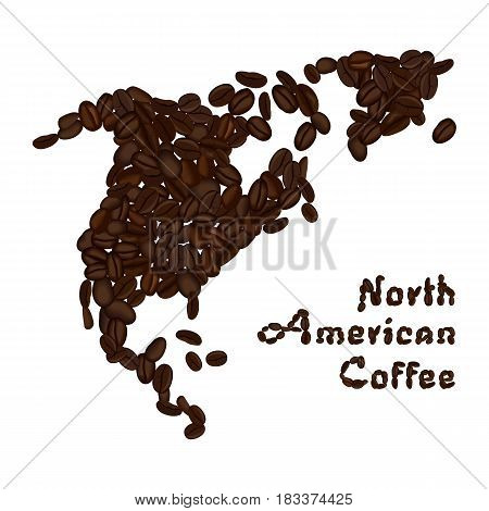 North America continent made from coffee beans. American coffee lettering. Vector illustration isolated on white. Concept for selling coffee and decorate coffee shop.